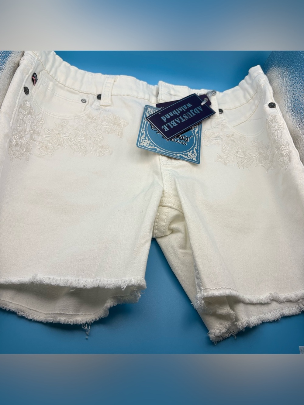 Adjustable Vigoss Jean Shorts with Waistband White Embroidered Denim Shorts